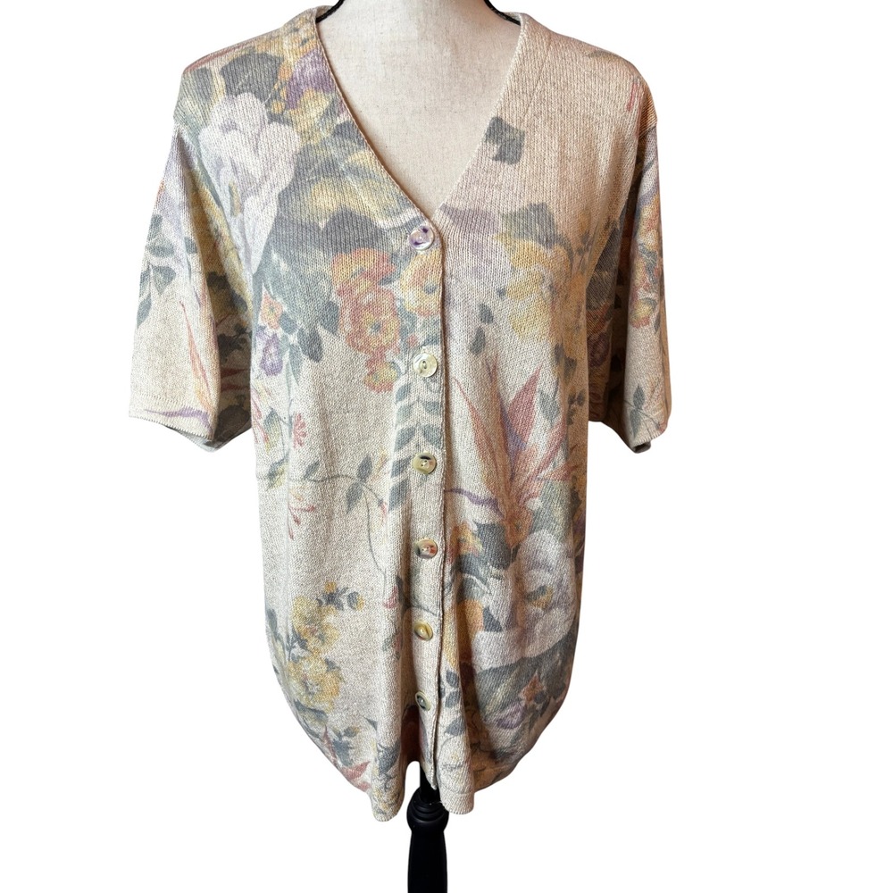 Gabriella T Womens Floral Knit Cardigan Sweater Short Sleeve Cotton Linen Italy